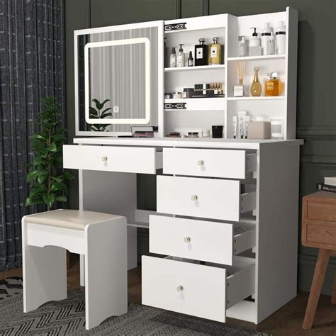 Contact information for renew-deutschland.de - Buy FUFU&GAGA Vanity Set with Mirror, Makeup Vanity Dressing Table with 5 Drawers, Shelves, Dresser Desk and Cushioned Stool Set (White): Vanities & Vanity Benches - Amazon.com FREE DELIVERY possible on eligible purchases
